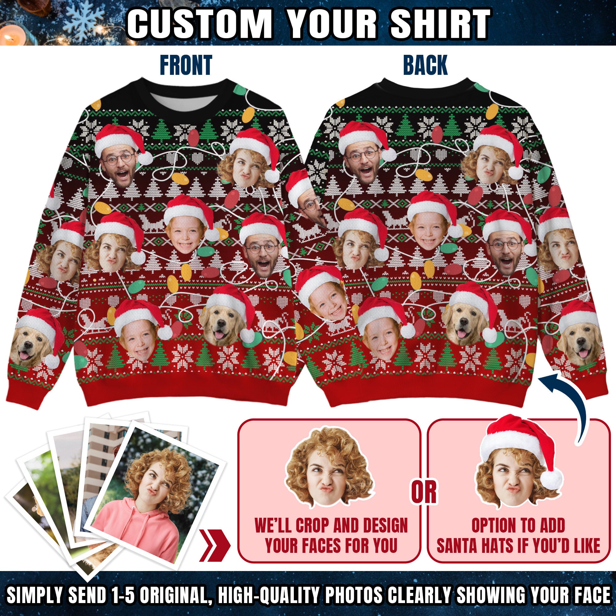 Custom Ugly Christmas Sweater for Men Women Couples Boyfriend Girlfriend Family Dad Mom, Custom Ugly Christmas Sweater with Face Photo, Personalized Sweatshirt with Picture Funny Xmas Gift ST37