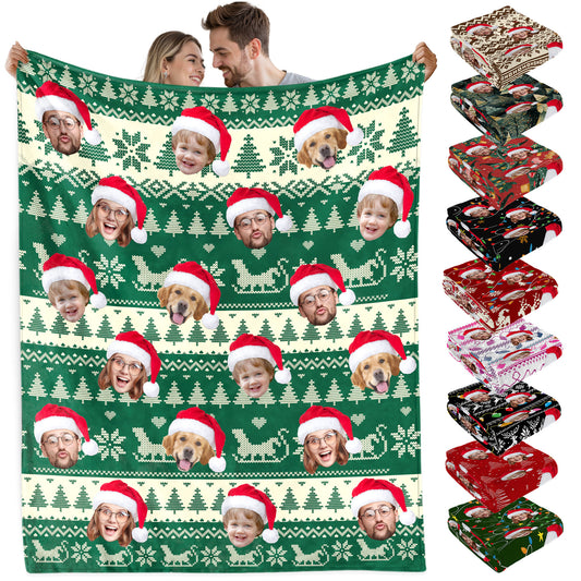 Custom Christmas Blanket with Face Photo, Personalized Face Picture Christmas Blanket, Xmas Gift for Holiday Season