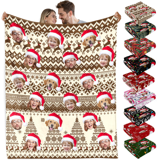 Custom Christmas Blanket with Face, Personalized Funny Christmas Blankets with Photos Multi Background Colors, Customized Photo Blanket Xmas Gift for Family Couple Pet Lovers Home Decoration Style 2