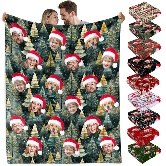 Custom Christmas Blanket with Face, Personalized Funny Christmas Blankets with Photos Multi Background Colors, Customized Photo Blanket Xmas Gift for Family Couple Pet Lovers Home Decoration Style 3