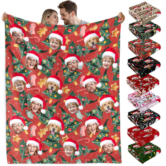 Custom Christmas Blanket with Face, Personalized Funny Christmas Blankets with Photos Multi Background Colors, Customized Photo Blanket Xmas Gift for Family Couple Pet Lovers Home Decoration Style 4