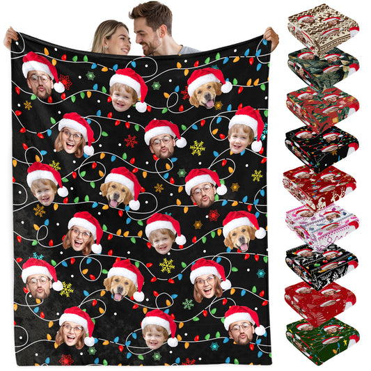 Custom Christmas Blanket with Face, Personalized Funny Christmas Blankets with Photos Multi Background Colors, Customized Photo Blanket Xmas Gift for Family Couple Pet Lovers Home Decoration Style 5