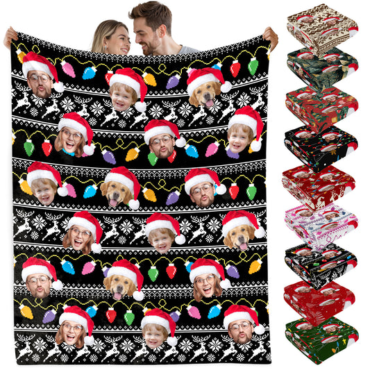 Custom Christmas Blanket with Face, Personalized Funny Christmas Blankets with Photos Multi Background Colors, Customized Photo Blanket Xmas Gift for Family Couple Pet Lovers Home Decoration Style 6