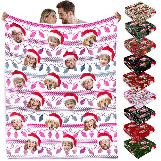 Custom Christmas Blanket with Face, Personalized Funny Christmas Blankets with Photos Multi Background Colors, Customized Photo Blanket Xmas Gift for Family Couple Pet Lovers Home Decoration Style 7
