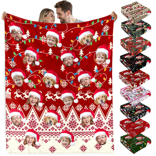 Custom Christmas Blanket with Face, Personalized Funny Christmas Blankets with Photos Multi Background Colors, Customized Photo Blanket Xmas Gift for Family Couple Pet Lovers Home Decoration Style 8