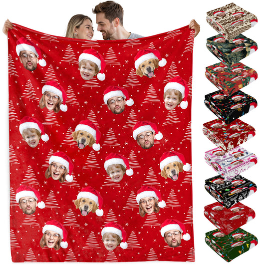 Custom Christmas Blanket with Face, Personalized Funny Christmas Blankets with Photos Multi Background Colors, Customized Photo Blanket Xmas Gift for Family Couple Pet Lovers Home Decoration Style 9