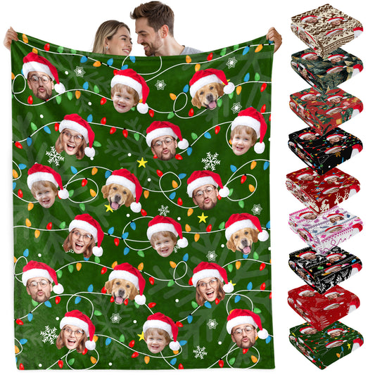 Custom Christmas Blanket with Face, Personalized Funny Christmas Blankets with Photos Multi Background Colors, Customized Photo Blanket Xmas Gift for Family Couple Pet Lovers Home Decoration Style 10