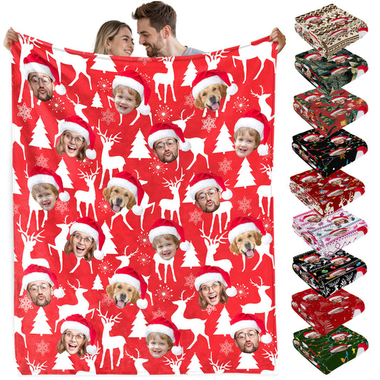 Custom Christmas Blanket with Face, Personalized Funny Christmas Blankets with Photos Multi Background Colors, Customized Photo Blanket Xmas Gift for Family Couple Pet Lovers Home Decoration Style 11