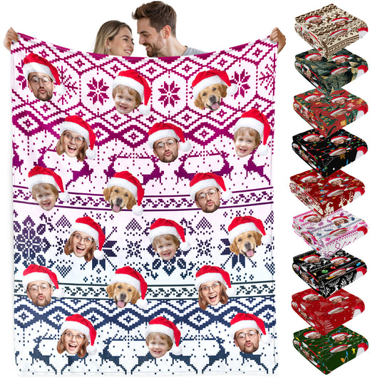 Custom Christmas Blanket with Face, Personalized Funny Christmas Blankets with Photos Multi Background Colors, Customized Photo Blanket Xmas Gift for Family Couple Pet Lovers Home Decoration Style 12
