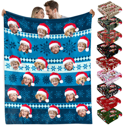 Custom Christmas Blanket with Face, Personalized Funny Christmas Blankets with Photos Multi Background Colors, Customized Photo Blanket Xmas Gift for Family Couple Pet Lovers Home Decoration Style 13
