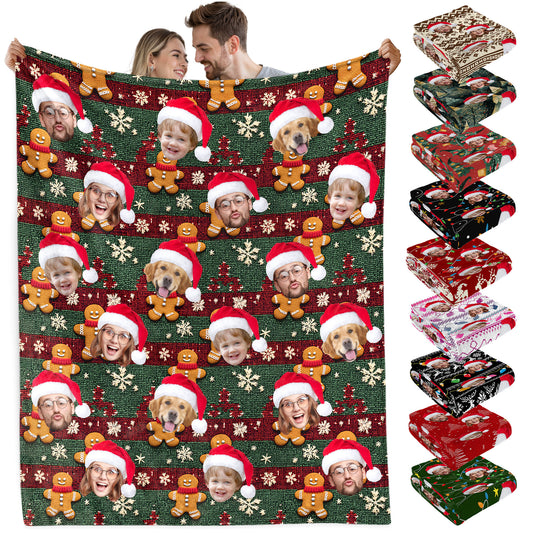 Custom Christmas Blanket with Face, Personalized Funny Christmas Blankets with Photos Multi Background Colors, Customized Photo Blanket Xmas Gift for Family Couple Pet Lovers Home Decoration Style 14