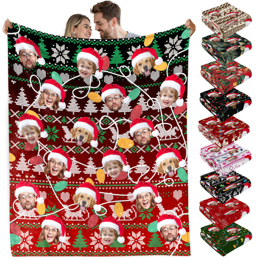 Custom Christmas Blanket with Face, Personalized Funny Christmas Blankets with Photos Multi Background Colors, Customized Photo Blanket Xmas Gift for Family Couple Pet Lovers Home Decoration Style 15