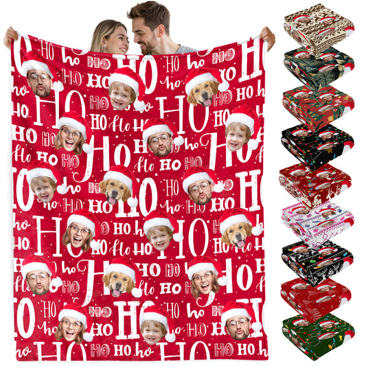 Custom Christmas Blanket with Face, Personalized Funny Christmas Blankets with Photos Multi Background Colors, Customized Photo Blanket Xmas Gift for Family Couple Pet Lovers Home Decoration Style 16