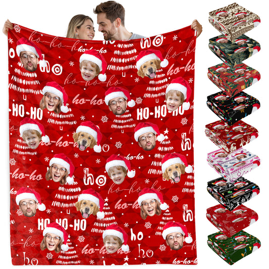 Custom Christmas Blanket with Face, Personalized Funny Christmas Blankets with Photos Multi Background Colors, Customized Photo Blanket Xmas Gift for Family Couple Pet Lovers Home Decoration Style 17