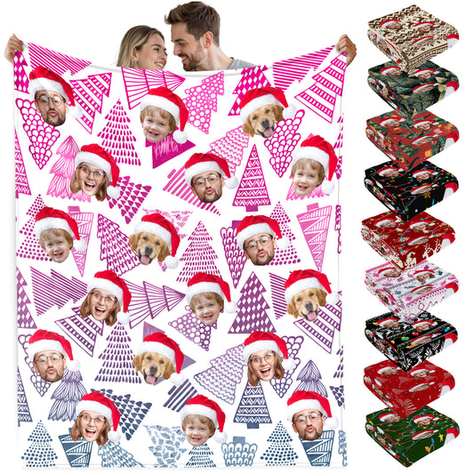 Custom Christmas Blanket with Face, Personalized Funny Christmas Blankets with Photos Multi Background Colors, Customized Photo Blanket Xmas Gift for Family Couple Pet Lovers Home Decoration Style 18