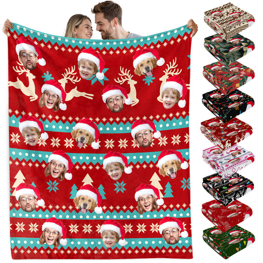 Custom Christmas Blanket with Face, Personalized Funny Christmas Blankets with Photos Multi Background Colors, Customized Photo Blanket Xmas Gift for Family Couple Pet Lovers Home Decoration Style 19