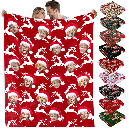 Custom Christmas Blanket with Face, Personalized Funny Christmas Blankets with Photos Multi Background Colors, Customized Photo Blanket Xmas Gift for Family Couple Pet Lovers Home Decoration Style 20