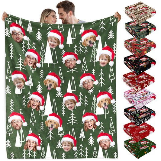 Custom Christmas Blanket with Face, Personalized Funny Christmas Blankets with Photos Multi Background Colors, Customized Photo Blanket Xmas Gift for Family Couple Pet Lovers Home Decoration Style 21
