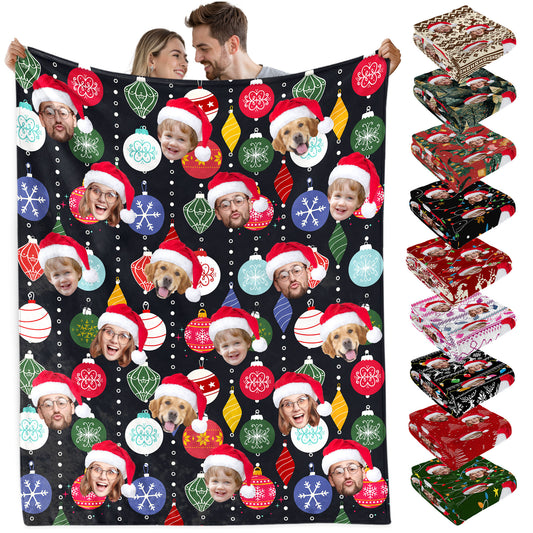 Custom Christmas Blanket with Face, Personalized Funny Christmas Blankets with Photos Multi Background Colors, Customized Photo Blanket Xmas Gift for Family Couple Pet Lovers Home Decoration Style 22