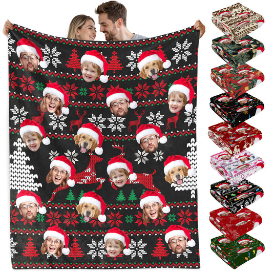 Custom Christmas Blanket with Face, Personalized Funny Christmas Blankets with Photos Multi Background Colors, Customized Photo Blanket Xmas Gift for Family Couple Pet Lovers Home Decoration Style 23