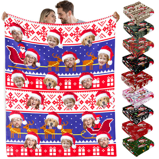 Custom Christmas Blanket with Face, Personalized Funny Christmas Blankets with Photos Multi Background Colors, Customized Photo Blanket Xmas Gift for Family Couple Pet Lovers Home Decoration Style 24