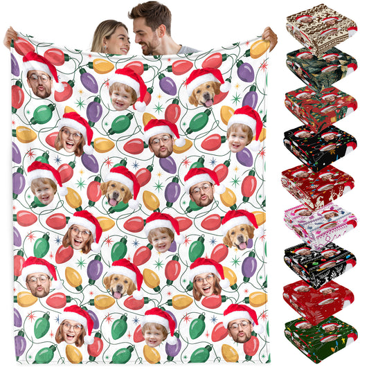 Custom Christmas Blanket with Face, Personalized Funny Christmas Blankets with Photos Multi Background Colors, Customized Photo Blanket Xmas Gift for Family Couple Pet Lovers Home Decoration Style 25