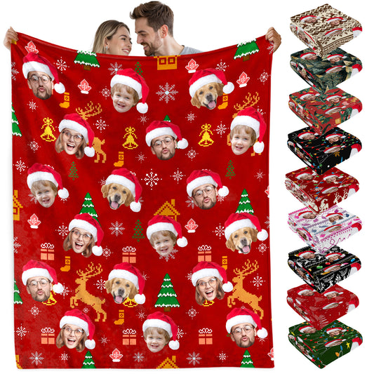 Custom Christmas Blanket with Face, Personalized Funny Christmas Blankets with Photos Multi Background Colors, Customized Photo Blanket Xmas Gift for Family Couple Pet Lovers Home Decoration Style 26