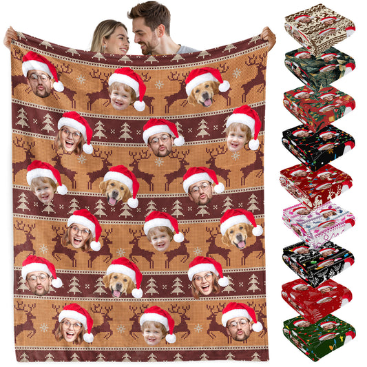 Custom Christmas Blanket with Face, Personalized Funny Christmas Blankets with Photos Multi Background Colors, Customized Photo Blanket Xmas Gift for Family Couple Pet Lovers Home Decoration Style 27