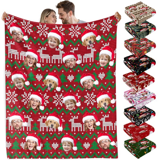 Custom Christmas Blanket with Face, Personalized Funny Christmas Blankets with Photos Multi Background Colors, Customized Photo Blanket Xmas Gift for Family Couple Pet Lovers Home Decoration Style 28