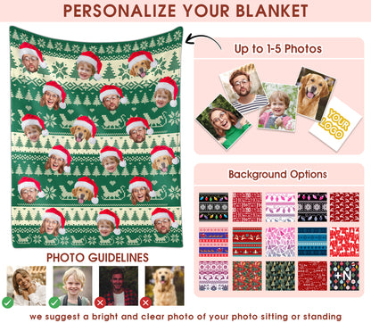 Custom Christmas Blanket with Face Photo, Personalized Face Picture Christmas Blanket, Xmas Gift for Holiday Season