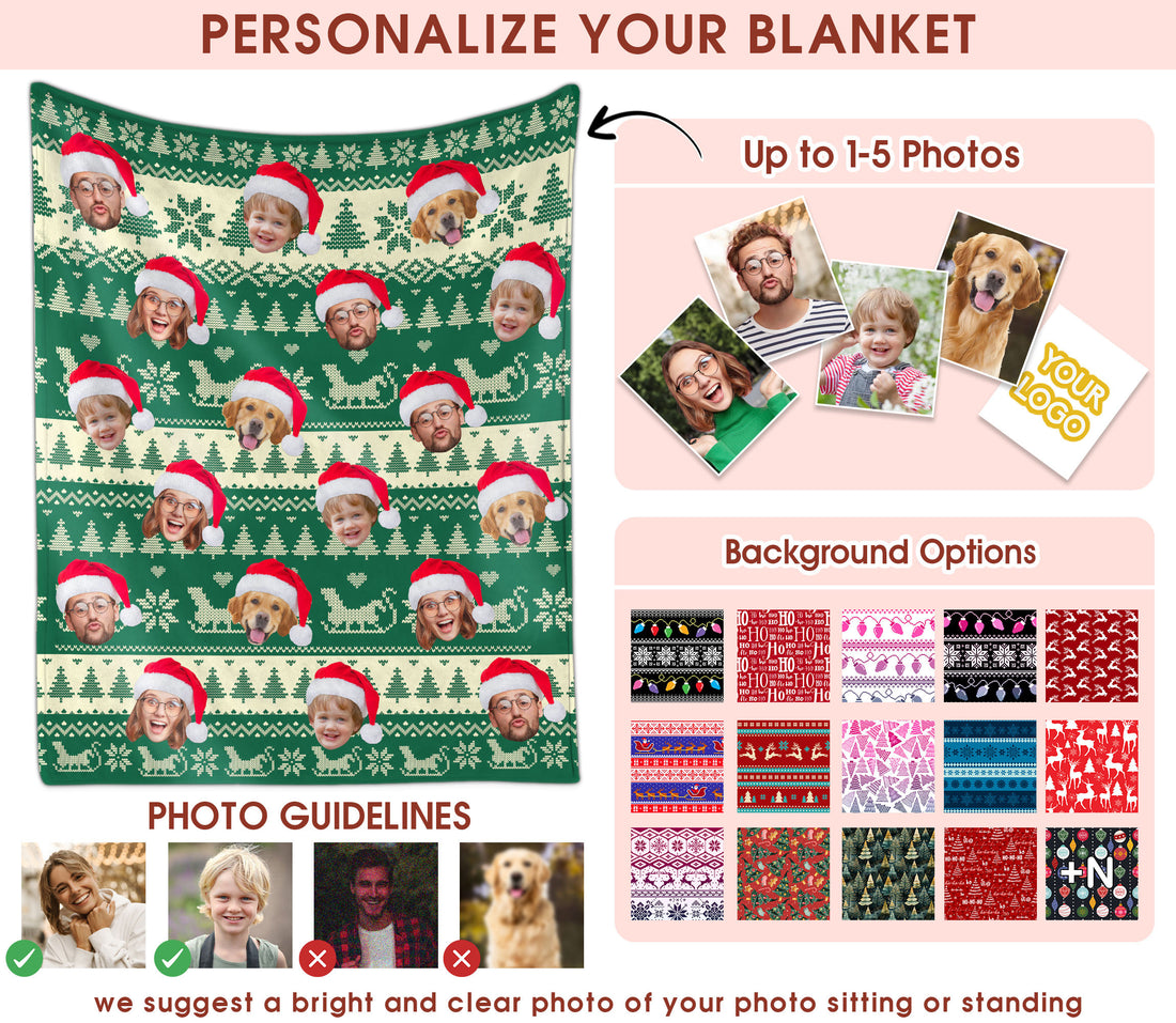 Custom Christmas Blanket with Face, Personalized Funny Christmas Blankets with Photos Multi Background Colors, Customized Photo Blanket Xmas Gift for Family Couple Pet Lovers Home Decoration Style 1