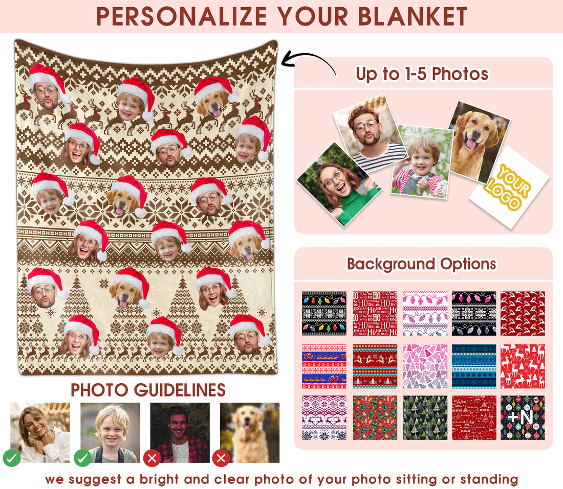 Custom Christmas Blanket with Face, Personalized Funny Christmas Blankets with Photos Multi Background Colors, Customized Photo Blanket Xmas Gift for Family Couple Pet Lovers Home Decoration Style 2