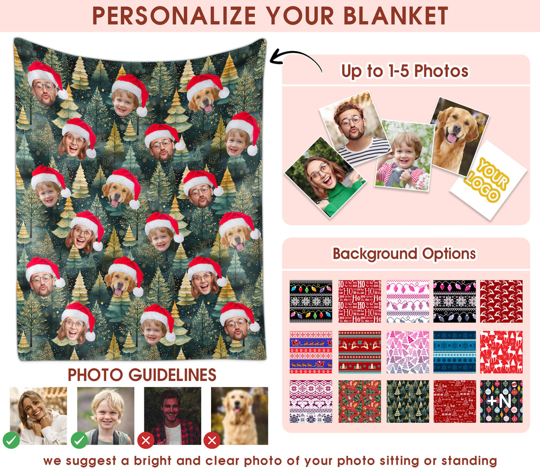 Custom Christmas Blanket with Face, Personalized Funny Christmas Blankets with Photos Multi Background Colors, Customized Photo Blanket Xmas Gift for Family Couple Pet Lovers Home Decoration Style 3