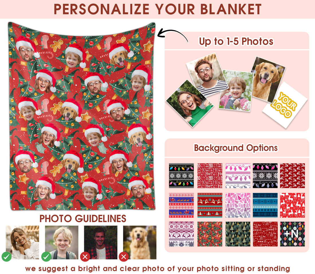 Custom Christmas Blanket with Face, Personalized Funny Christmas Blankets with Photos Multi Background Colors, Customized Photo Blanket Xmas Gift for Family Couple Pet Lovers Home Decoration Style 4