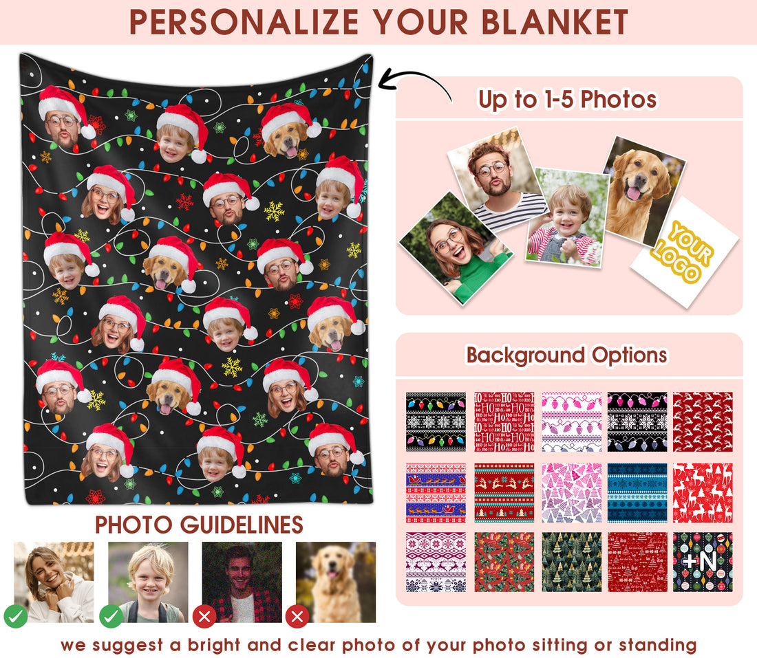 Custom Christmas Blanket with Face, Personalized Funny Christmas Blankets with Photos Multi Background Colors, Customized Photo Blanket Xmas Gift for Family Couple Pet Lovers Home Decoration Style 5