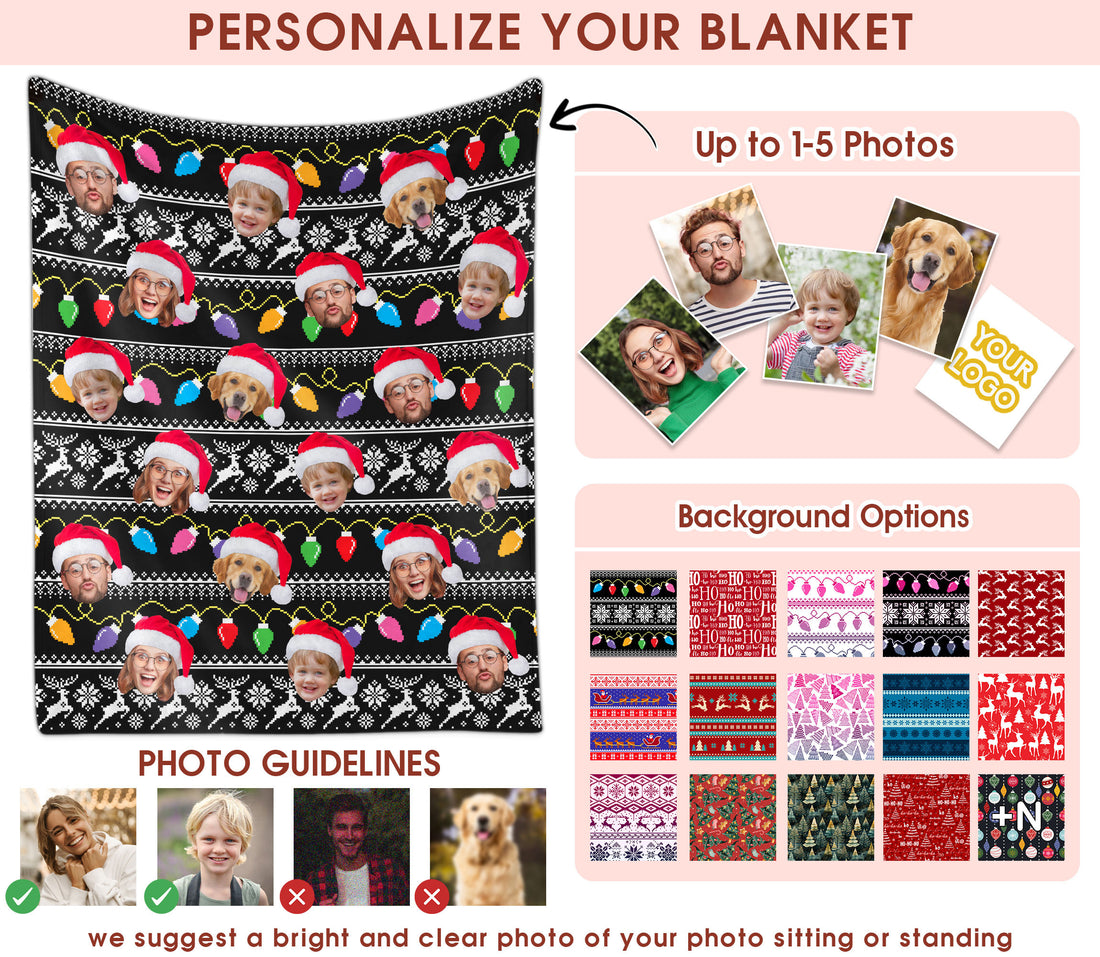Custom Christmas Blanket with Face, Personalized Funny Christmas Blankets with Photos Multi Background Colors, Customized Photo Blanket Xmas Gift for Family Couple Pet Lovers Home Decoration Style 6