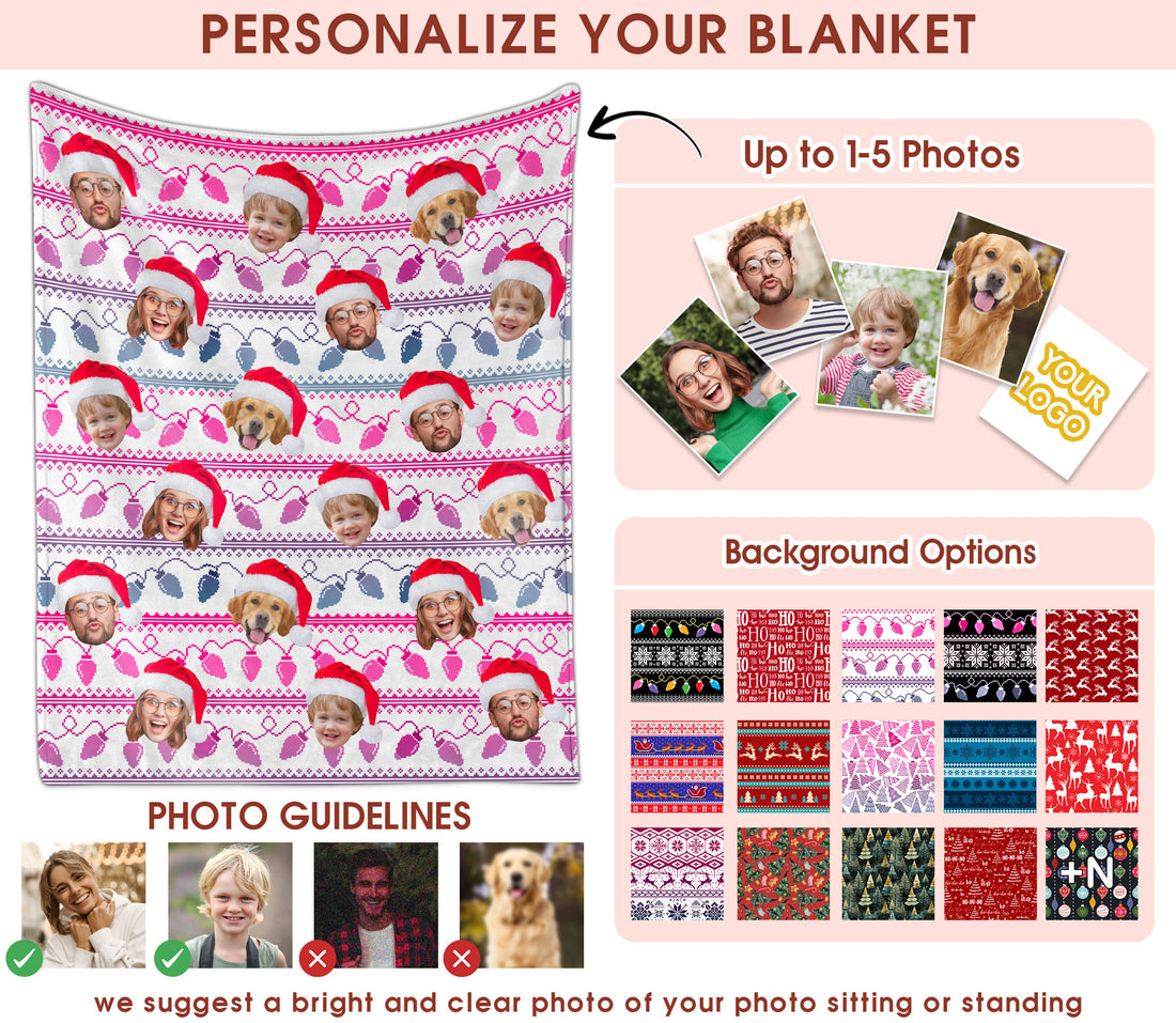 Custom Christmas Blanket with Face, Personalized Funny Christmas Blankets with Photos Multi Background Colors, Customized Photo Blanket Xmas Gift for Family Couple Pet Lovers Home Decoration Style 7