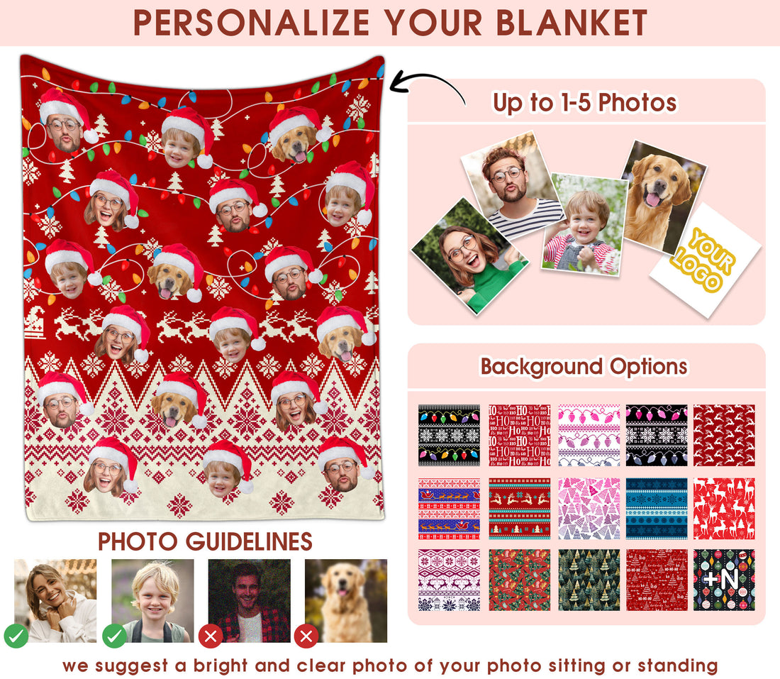 Custom Christmas Blanket with Face, Personalized Funny Christmas Blankets with Photos Multi Background Colors, Customized Photo Blanket Xmas Gift for Family Couple Pet Lovers Home Decoration Style 8