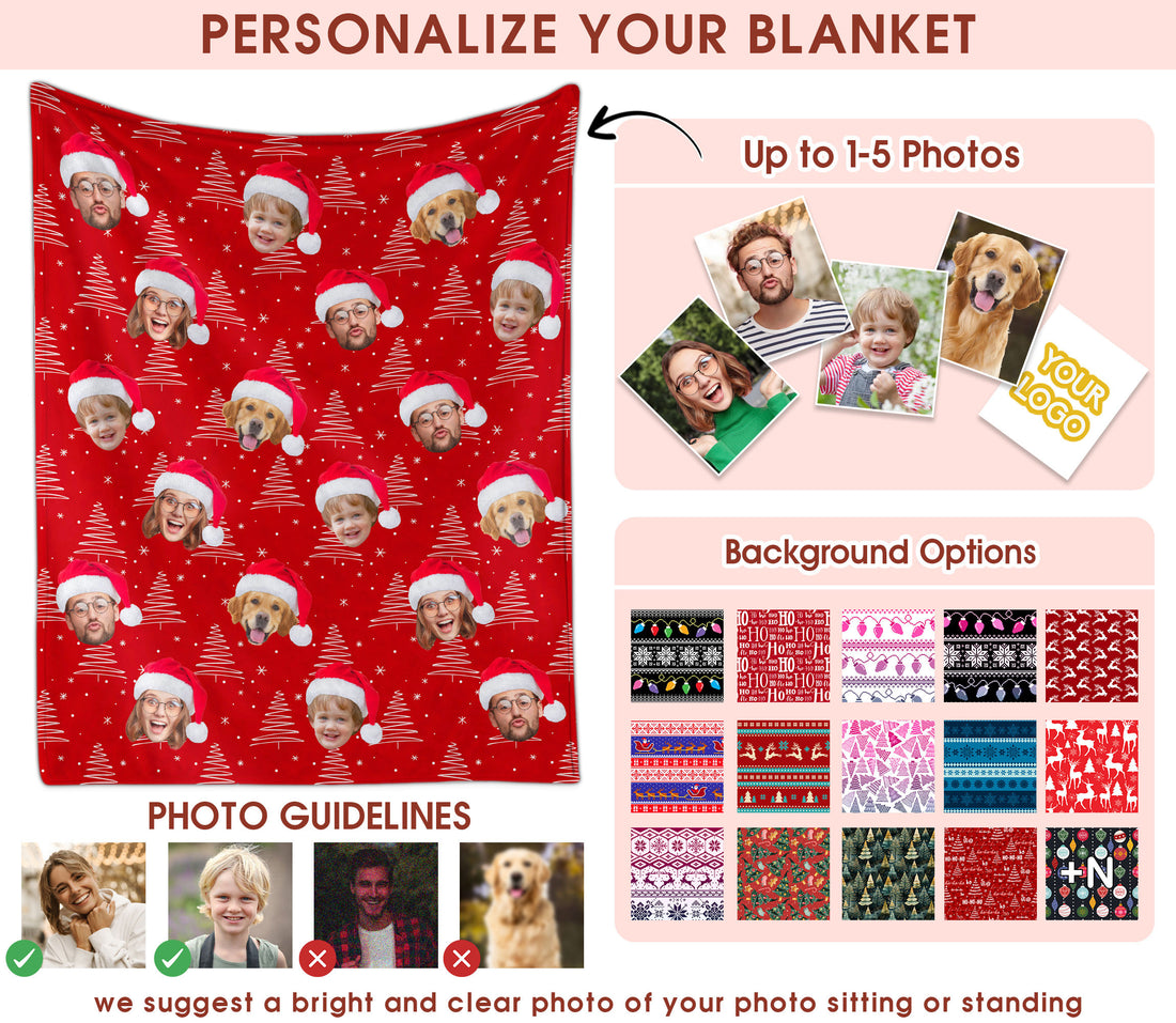 Custom Christmas Blanket with Face, Personalized Funny Christmas Blankets with Photos Multi Background Colors, Customized Photo Blanket Xmas Gift for Family Couple Pet Lovers Home Decoration Style 9