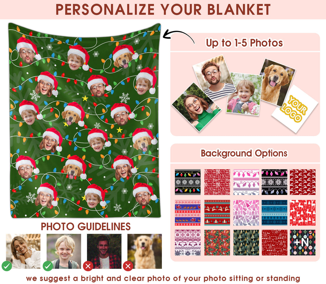 Custom Christmas Blanket with Face, Personalized Funny Christmas Blankets with Photos Multi Background Colors, Customized Photo Blanket Xmas Gift for Family Couple Pet Lovers Home Decoration Style 10