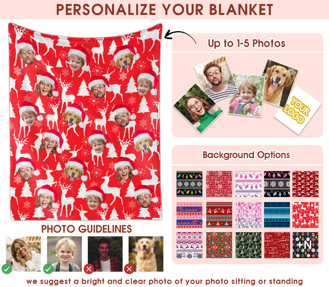 Custom Christmas Blanket with Face, Personalized Funny Christmas Blankets with Photos Multi Background Colors, Customized Photo Blanket Xmas Gift for Family Couple Pet Lovers Home Decoration Style 11