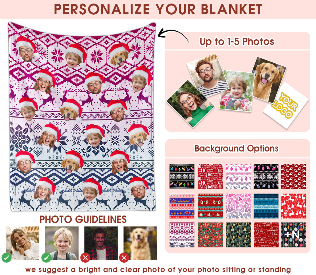 Custom Christmas Blanket with Face, Personalized Funny Christmas Blankets with Photos Multi Background Colors, Customized Photo Blanket Xmas Gift for Family Couple Pet Lovers Home Decoration Style 12