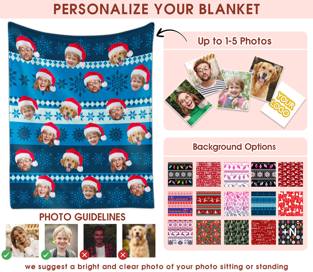 Custom Christmas Blanket with Face, Personalized Funny Christmas Blankets with Photos Multi Background Colors, Customized Photo Blanket Xmas Gift for Family Couple Pet Lovers Home Decoration Style 13