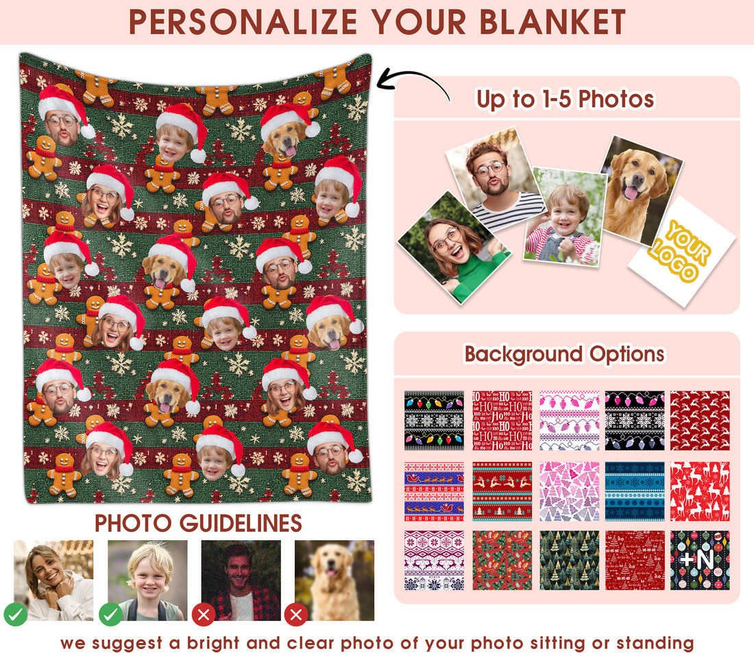 Custom Christmas Blanket with Face, Personalized Funny Christmas Blankets with Photos Multi Background Colors, Customized Photo Blanket Xmas Gift for Family Couple Pet Lovers Home Decoration Style 14