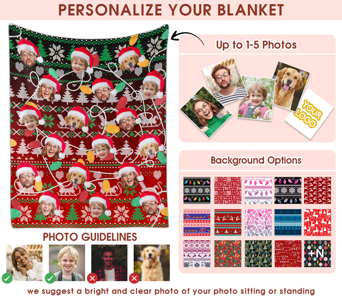 Custom Christmas Blanket with Face, Personalized Funny Christmas Blankets with Photos Multi Background Colors, Customized Photo Blanket Xmas Gift for Family Couple Pet Lovers Home Decoration Style 15