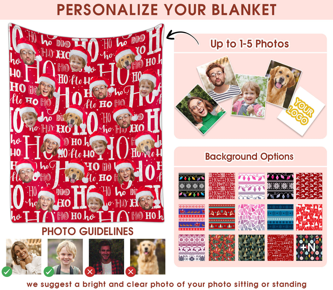 Custom Christmas Blanket with Face, Personalized Funny Christmas Blankets with Photos Multi Background Colors, Customized Photo Blanket Xmas Gift for Family Couple Pet Lovers Home Decoration Style 16
