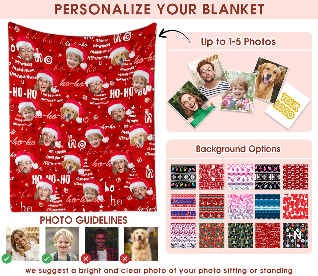 Custom Christmas Blanket with Face, Personalized Funny Christmas Blankets with Photos Multi Background Colors, Customized Photo Blanket Xmas Gift for Family Couple Pet Lovers Home Decoration Style 17
