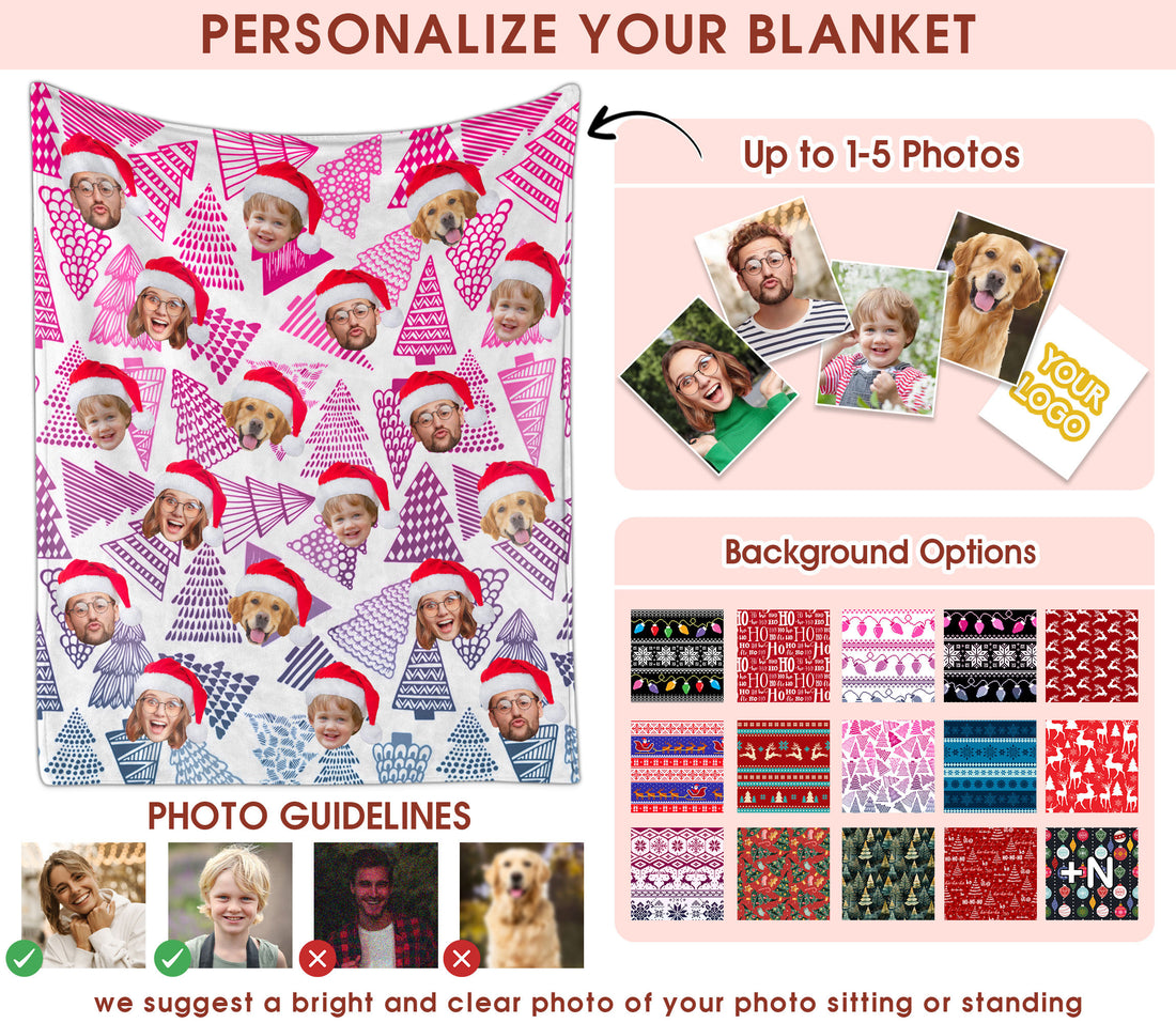 Custom Christmas Blanket with Face, Personalized Funny Christmas Blankets with Photos Multi Background Colors, Customized Photo Blanket Xmas Gift for Family Couple Pet Lovers Home Decoration Style 18