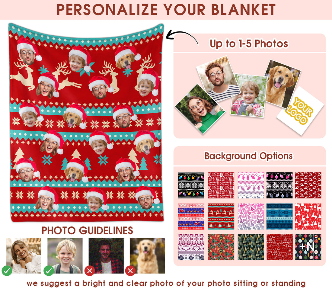 Custom Christmas Blanket with Face, Personalized Funny Christmas Blankets with Photos Multi Background Colors, Customized Photo Blanket Xmas Gift for Family Couple Pet Lovers Home Decoration Style 19