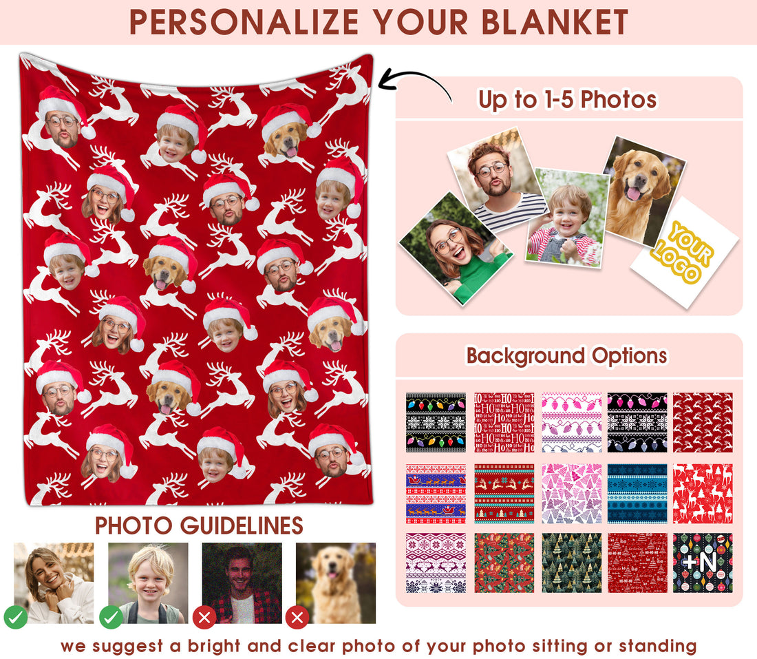 Custom Christmas Blanket with Face, Personalized Funny Christmas Blankets with Photos Multi Background Colors, Customized Photo Blanket Xmas Gift for Family Couple Pet Lovers Home Decoration Style 20